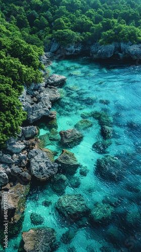 Create an aerial view image of a tranquil ocean shore where the clear turquoise waters created with Generative AI technology