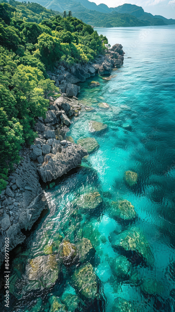 Fototapeta premium Create an aerial view image of a tranquil ocean shore where the clear turquoise waters created with Generative AI technology