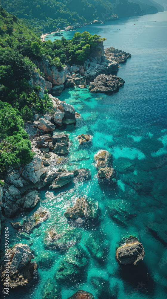 Obraz premium Create an aerial view image of a tranquil ocean shore where the clear turquoise waters created with Generative AI technology