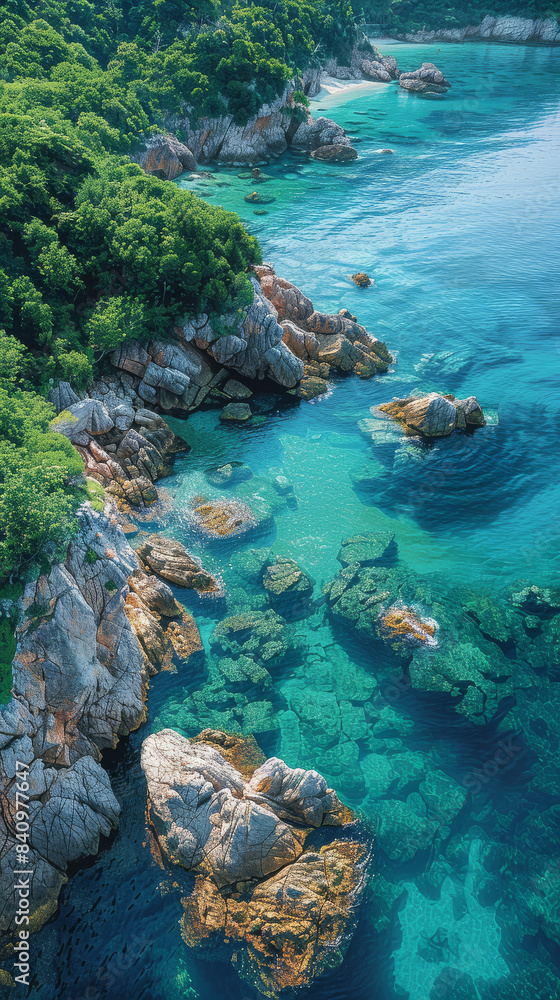 Create an aerial view image of a tranquil ocean shore where the clear turquoise waters created with Generative AI technology Create an aerial view image of a tranquil ocean shore where the clear turquoise waters created with Generative AI technology