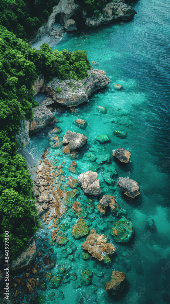 Create an aerial view image of a tranquil ocean shore where the clear turquoise waters created with Generative AI technology Create an aerial view image of a tranquil ocean shore where the clear turquoise waters created with Generative AI technology