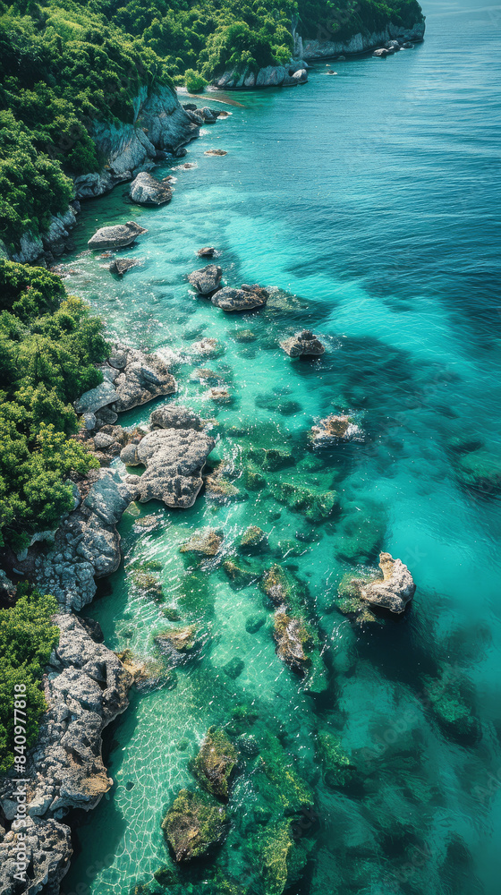 Create an aerial view image of a tranquil ocean shore where the clear turquoise waters created with Generative AI technology Create an aerial view image of a tranquil ocean shore where the clear turquoise waters created with Generative AI technology