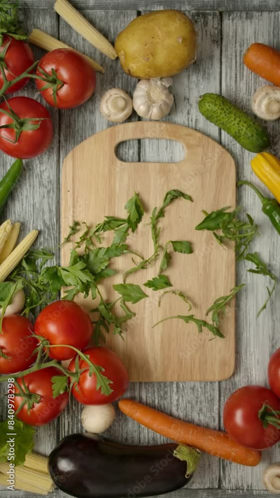 Parsley leaves falling on a wooden cutting board in slow motion with vegetables around. Healthy vegetarian food concept. Nutritious products on a gray wooden table. Vertical camera shooting Vertical Parsley leaves falling on a wooden cutting board in slow motion with vegetables around. Healthy vegetarian food concept. Nutritious products on a gray wooden table. Vertical camera shooting Vertical