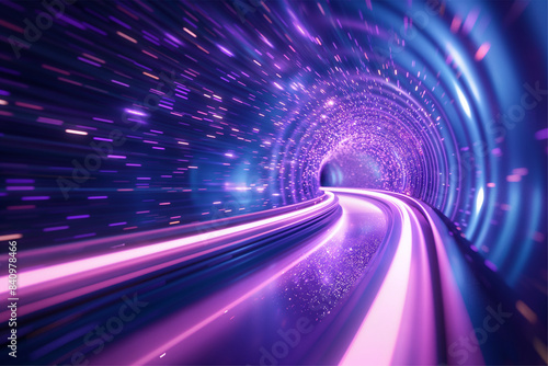 Blue purple light line through dark background, hyper speed warp in space photo