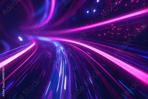 Blue purple light line through dark background, hyper speed warp in space