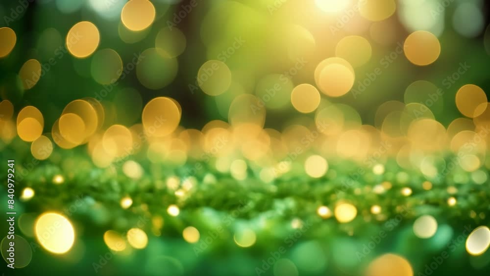 Blurred golden and green bokeh lights create a festive and enchanting atmosphere. Soft focus and warm tones add a sense of magic and celebration, perfect for holiday or event backgrounds.
