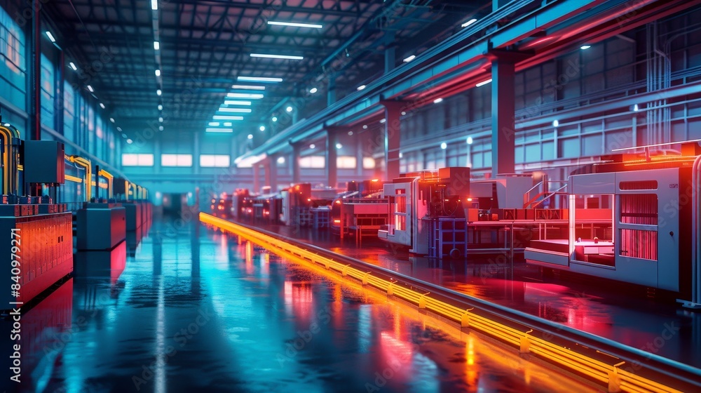 Modern Industrial Factory Interior with Advanced Machinery and Neon Lighting, High-Tech Manufacturing Facility, Automated Production Line, Futuristic Technology, Industrial Automation Modern Industrial Factory Interior with Advanced Machinery and Neon Lighting, High-Tech Manufacturing Facility, Automated Production Line, Futuristic Technology, Industrial Automation