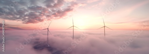 Three wind turbines rise against the backdrop of an orange and blue sky, with white clouds partially hiding them.