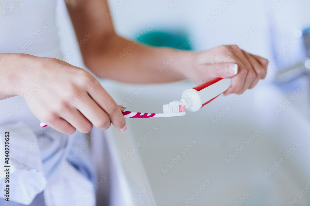 Dental care, toothbrush and toothpaste for mouth, hands and oral hygiene for fresh breath. Selfcare, grooming and morning routine for person in bathroom, cosmetic and wellness for teeth and home Dental care, toothbrush and toothpaste for mouth, hands and oral hygiene for fresh breath. Selfcare, grooming and morning routine for person in bathroom, cosmetic and wellness for teeth and home