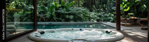 Luxurious Outdoor Jacuzzi and Pool in Tropical Forest Setting with Lush Greenery and Modern Design