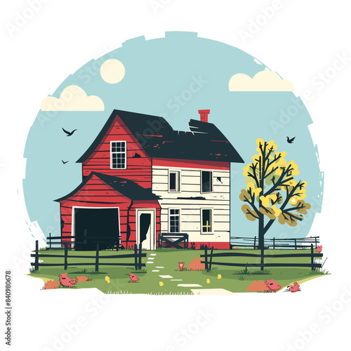 Red farmhouse surrounded green grass under blue sky, rustic rural scenery. Quaint twostory home fence, autumn tree, flying birds, tranquil setting. Pastoral landscape, serene country living