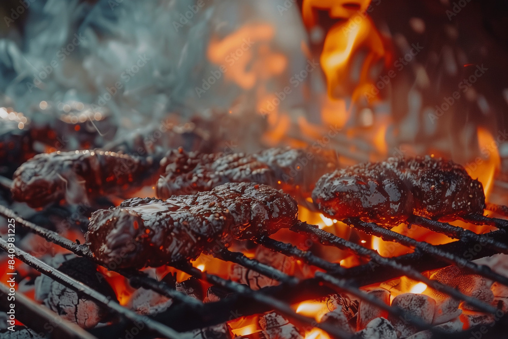 Grilled meat over a backyard barbecue fire, bringing together friends and family for a festive celebration, a delicious banquet, and a happy gathering, copy space Grilled meat over a backyard barbecue fire, bringing together friends and family for a festive celebration, a delicious banquet, and a happy gathering, copy space