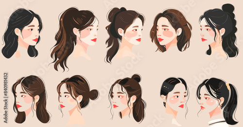 A collection of illustrations showcasing different female hairstyles from various angles, highlighting diverse hairdos and styles.