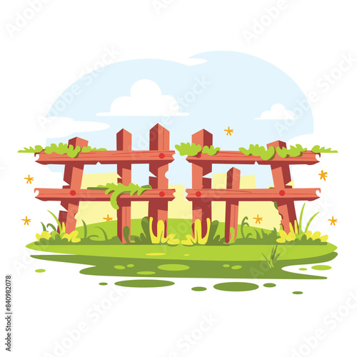 Three wooden garden beds overflowing green plants, set lush lawn under blue sky clouds. Cartoon style garden boxes urban agriculture, community gardening, homegrown vegetables. Vibrant colored