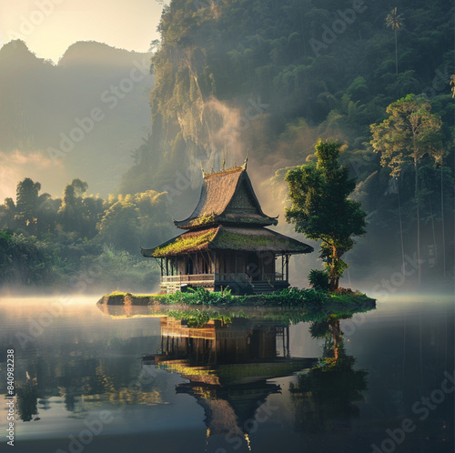small square temple like building with a flat grass roof build in simple materials on a little square island in a little square pond backgrund is the misty jungle of thailand 