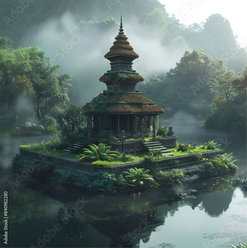 small square temple like building with a flat grass roof build in simple materials on a little square island in a little square pond backgrund is the misty jungle of thailand  photo