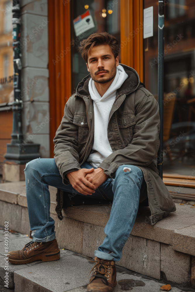 full-length a 30 years old man-model, Streetwear fashion style created with Generative AI technology full-length a 30 years old man-model, Streetwear fashion style created with Generative AI technology