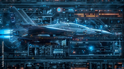 High-tech AI generative projection of a futuristic spacecraft or military air strike design on a glass virtual interface