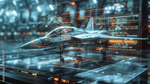 High-tech AI generative projection of a futuristic spacecraft or military air strike design on a glass virtual interface
