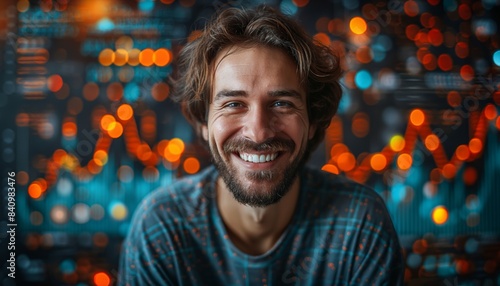 Smiling man with digital financial data