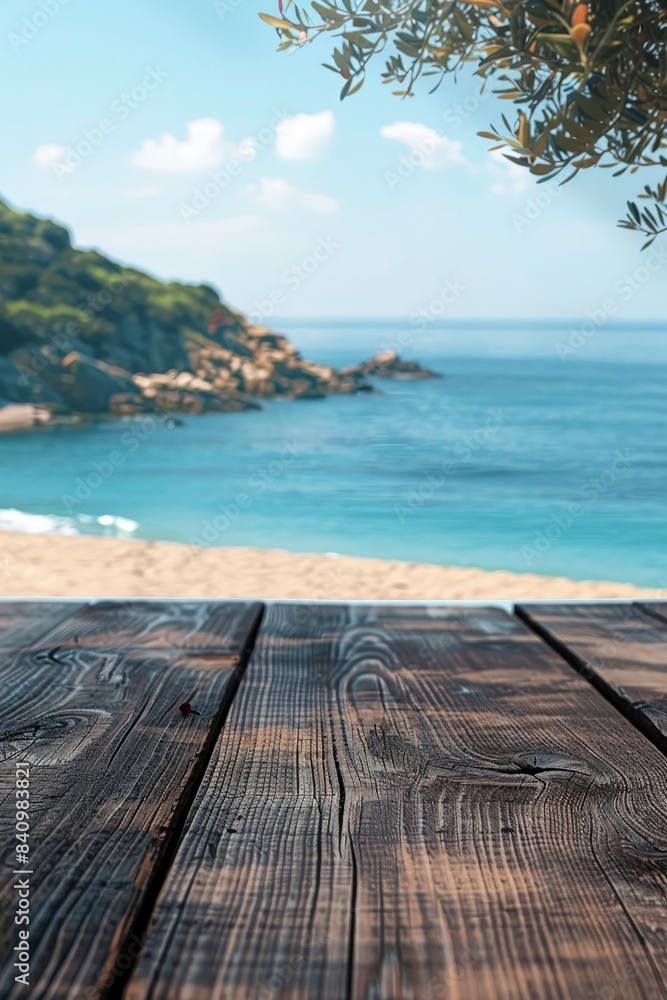 Fototapeta premium Rustic Wooden Table Overlooking a Serene Beach with Clear Blue Waters and Lush Green Hills in the Background on a Sunny Day