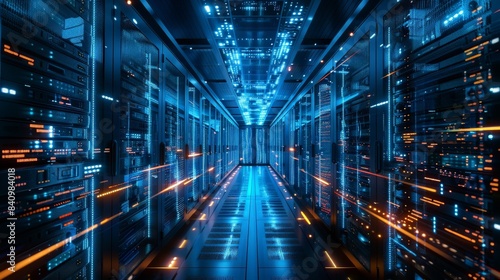 Futuristic Data Center with Glowing Blue and Orange Lights  High-Tech Servers  and Advanced Networking Equipment in a Modern  Secure Facility