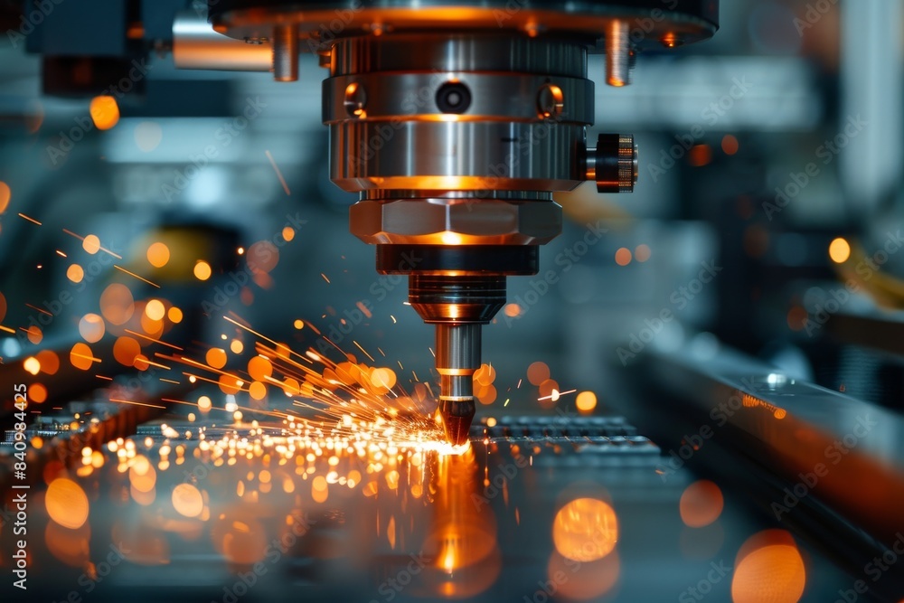 A machine is cutting through metal with sparks flying A machine is cutting through metal with sparks flying