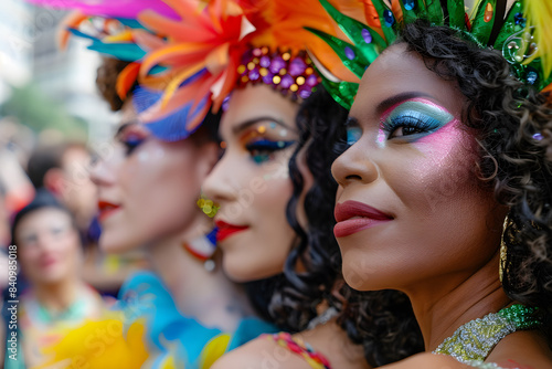 Side profile of drag queens of various ethnic backgrounds in a candid photo, showing theatrical and extravagant makeup. © Erick