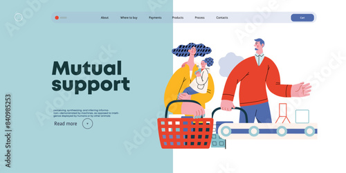 Mutual Support: Skip ahead in line -modern flat vector concept illustration of man letting woman with child go ahead in shop checkout line A metaphor of voluntary, collaborative exchanges of services