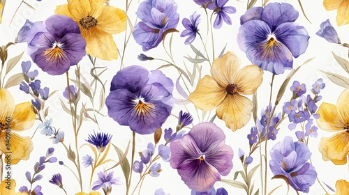 Watercolor seamless pattern featuring purple and yellow woodland flowers, natural arrangement, delicate and vivid colors © Alpha