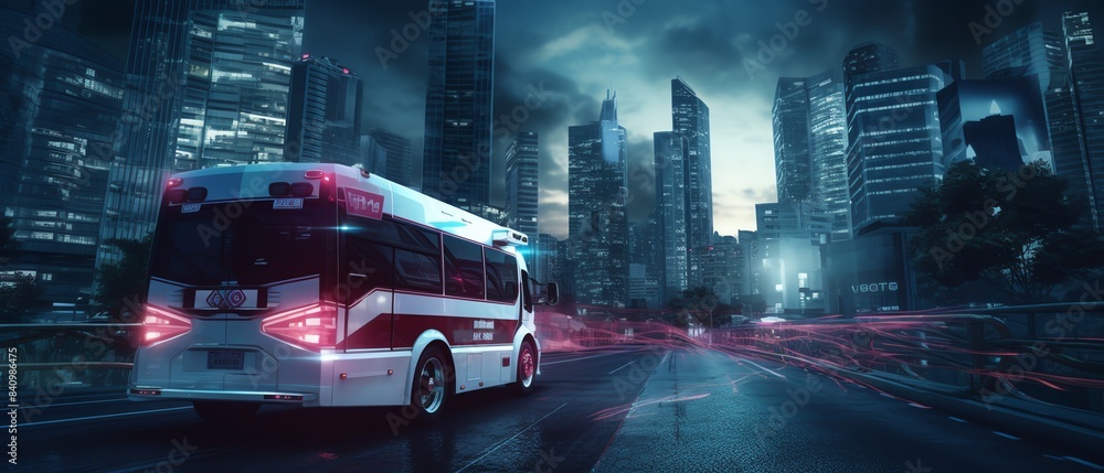 A hightech ambulance driving through a city, enhanced with holographic data displays showing medical and navigation information, set against a dynamic urban backdrop A hightech ambulance driving through a city, enhanced with holographic data displays showing medical and navigation information, set against a dynamic urban backdrop