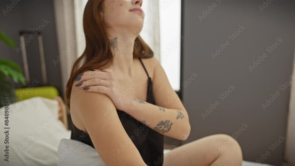 Attractive young woman with tattoos sits on bed in casual lingerie, exuding comfort and ease in her bedroom setting. Attractive young woman with tattoos sits on bed in casual lingerie, exuding comfort and ease in her bedroom setting.