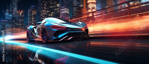 A highspeed futuristic car race in a neonlit city at night © อรณี ลาพัง
