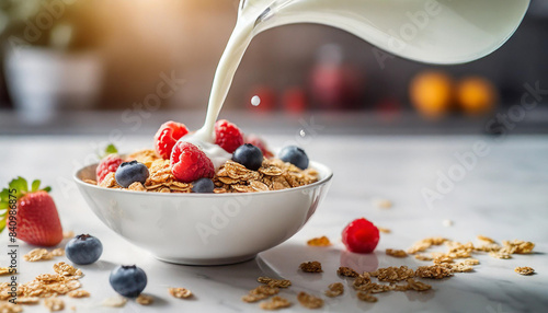 Fresh milk cascades over cereal, berries in cold, natural scene photo