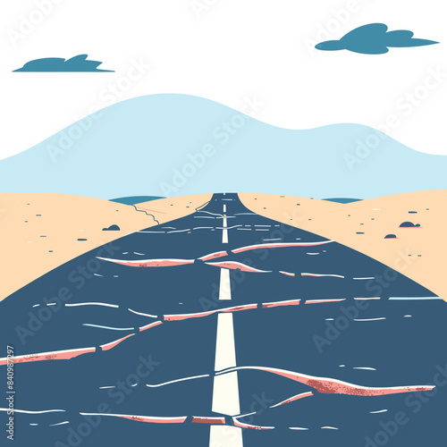 Cracked asphalt road leading through desert landscape, concept travel hardship, road damage. Desert highway illustration pale blue sky, symbolic journey, challenges, deserted environment. Vector