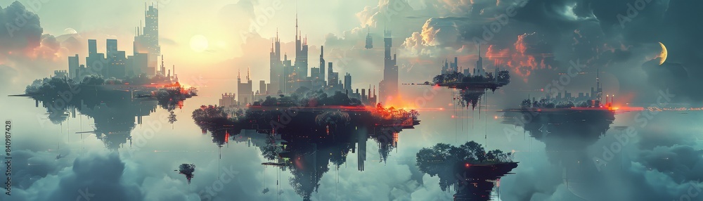 Fototapeta premium Surreal Floating Cityscape at Dawn with Dramatic Clouds and Futuristic Architecture in a Fantasy World
