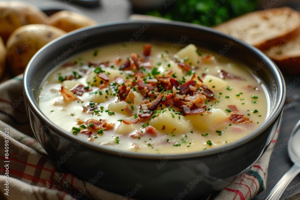 creamy delicius potato soup with crispy bacon - generative ai