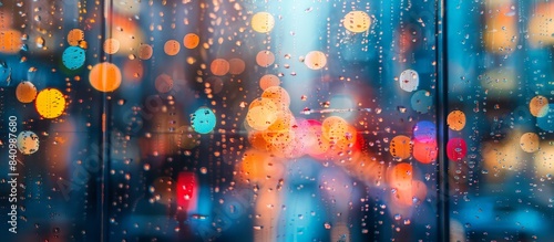 Vibrant City Lights Through Rainy Window - Colorful Bokeh Background with Raindrops on Glass, Urban Night Scene