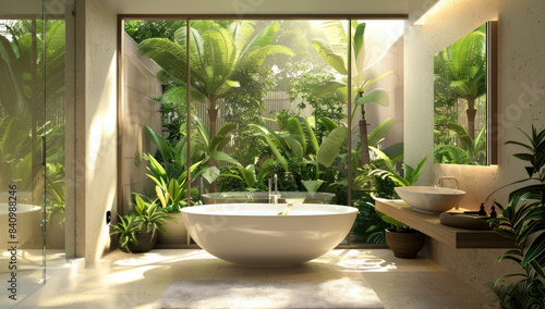 A bathroom with plants and greenery