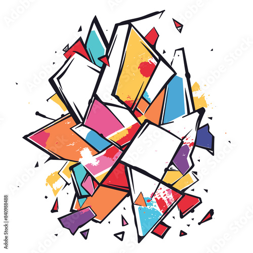 Abstract explosion colorful geometric shapes, dynamic vibrant concept. Artistic splatter shattered polygonal elements, creative design. Modern abstract background multicolored hues, dynamic