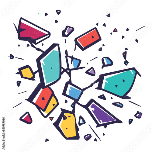 Explosion colorful geometric shapes scattering dynamically against white. Vibrant shards fragments flying outward chaotic motion. Artistic abstract concept breaking shattering