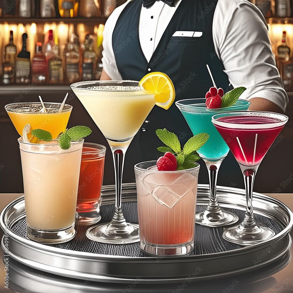 Bartender flaunts tray of assorted cocktails in posh lounge