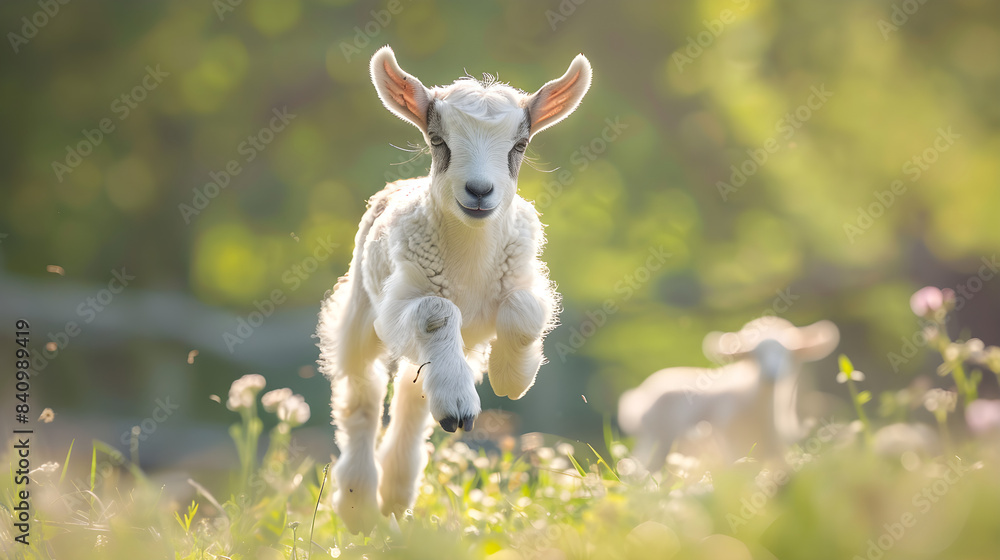 Cheerful Baby Goat Hopping in the Field Cheerful Baby Goat Hopping in the Field