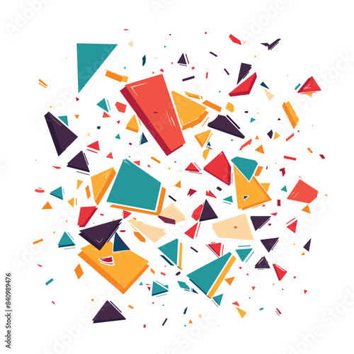 Colorful geometric shapes exploding white background, dynamic abstract art composition. Vibrant shards fly outward suggesting movement, excitement. Bright reds, yellows, blues create festive