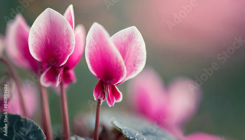 cyclamen petals, pink hues against blurred floral backdrop, showcasing natural beauty and springtime essence