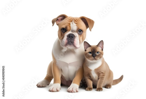 A young bulldog and a cat sitting together  both looking at the camera with friendly expressions