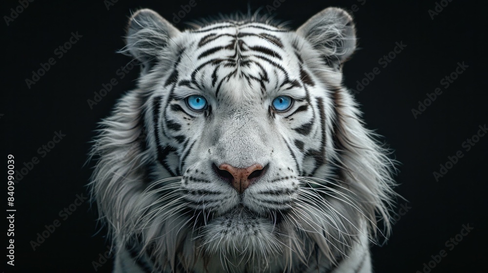 Beautiful white tiger face with blue eyes on black background majestic animal portrait for wildlife and nature enthusiasts Beautiful white tiger face with blue eyes on black background majestic animal portrait for wildlife and nature enthusiasts