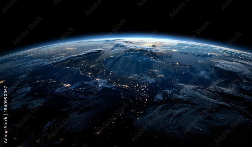 Obraz premium The Earth Illuminated Against the Vast Darkness of Outer Space, Evoking a Sci-Fi Atmosphere with a Deep Black Background