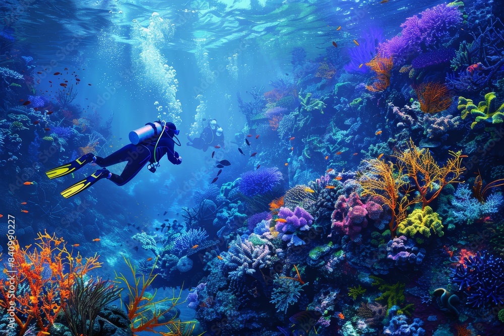 Scuba diver exploring a vibrant coral reef full of colorful marine life under clear blue ocean waters, showcasing underwater beauty. Scuba diver exploring a vibrant coral reef full of colorful marine life under clear blue ocean waters, showcasing underwater beauty.