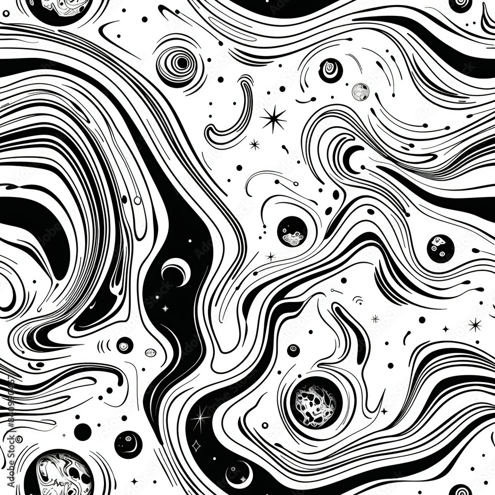 An abstract line drawing of a galaxy, with swirling stars, planets, and cosmic dust depicted through a series of intricate, flowing lines that create a sense of wonder and vastness. Minimal pattern